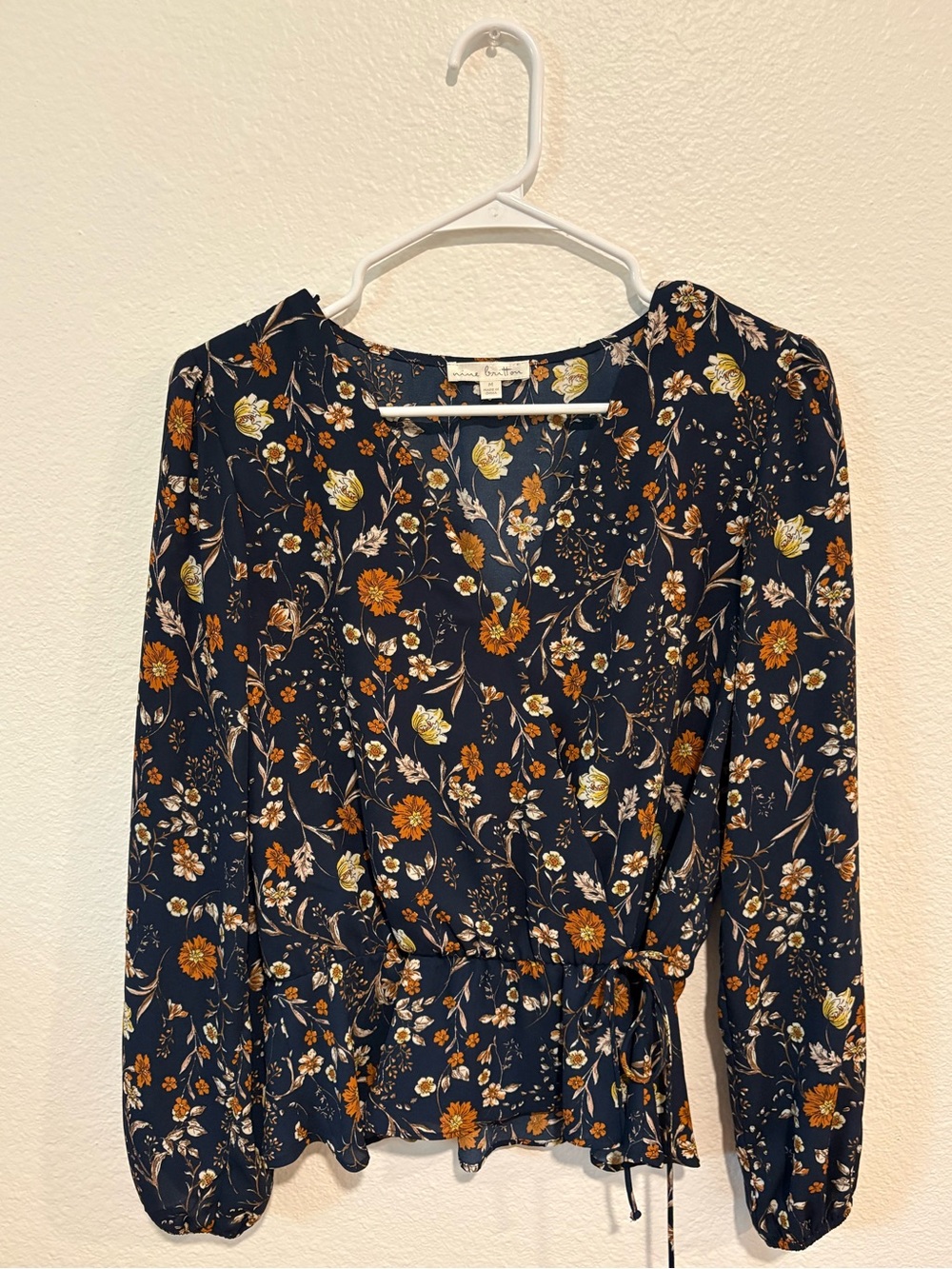 nine britton Navy Floral Wrap Dress with Mustard and Cream Flowers